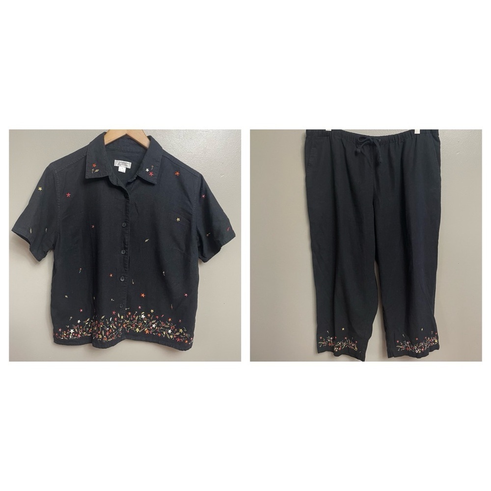 Christopher & Banks Women's Linen Blend set Medium top Large pants Embroidered